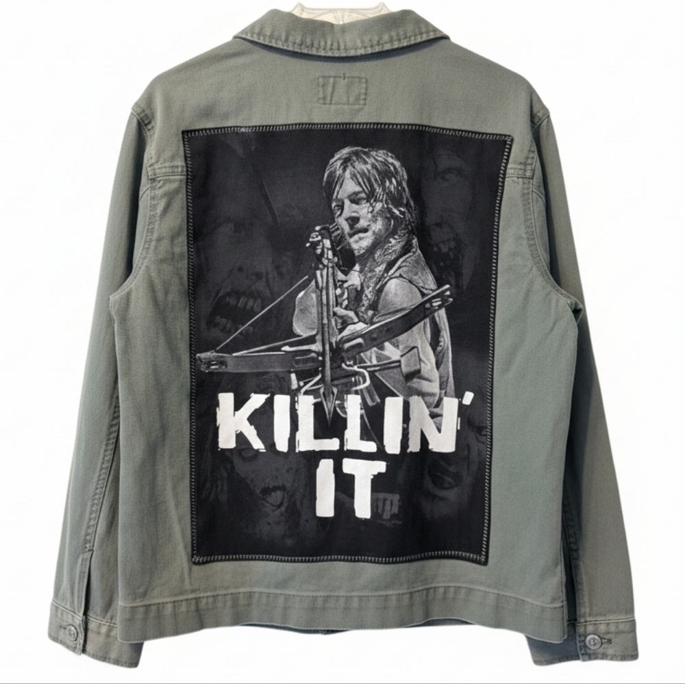 Daryl Dixon Upcycled Army Green Denim Jacket Hand Crafted Zombie